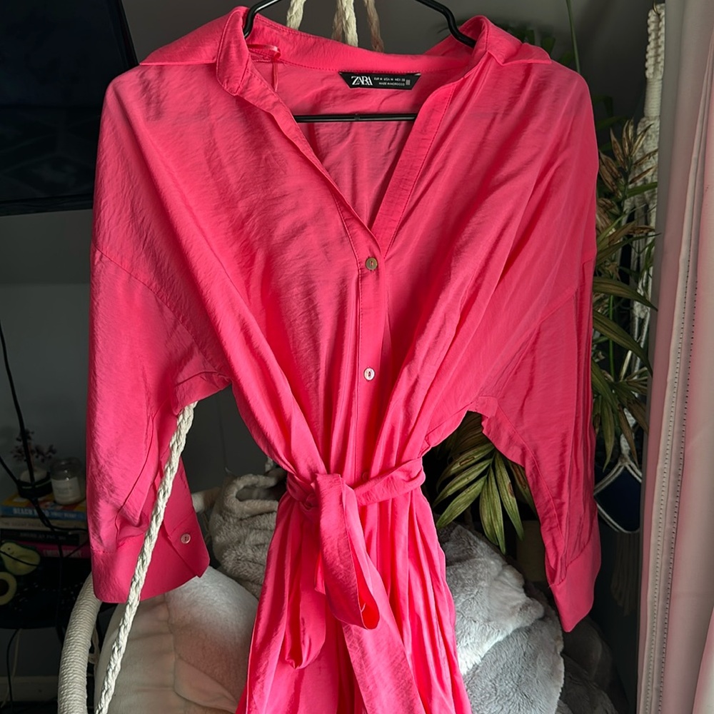 Hot Pink Zara Mini Button Up Dress